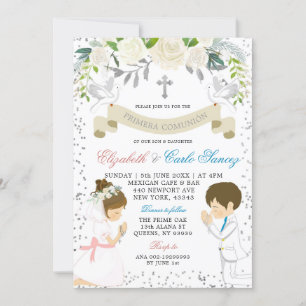 Silver Twin Boy Girl Kneel First Holy Communion Invitation