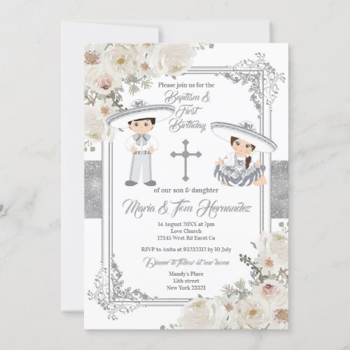 Silver Twin Mexican Baptism Birthday Floral Invitation