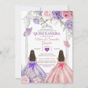 Silver Twin Princess Purple And Pink Quinceañera Invitation
