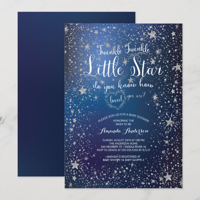 Silver Twinkle Little Star Baby Shower Invitation (Front/Back)