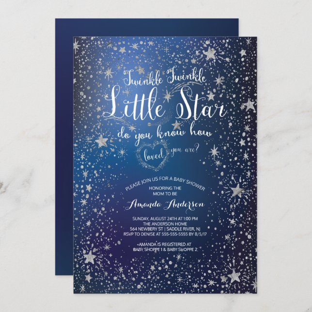 Silver Twinkle Little Star Baby Shower Invitation (Front/Back)