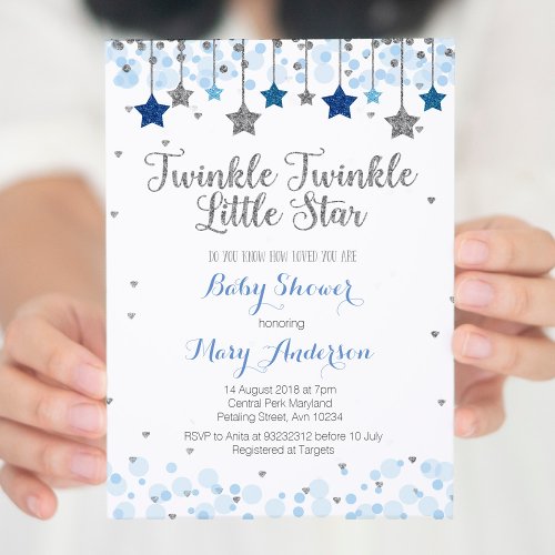 Silver Twinkle Twinkle Little Star Baby Shower Invitation