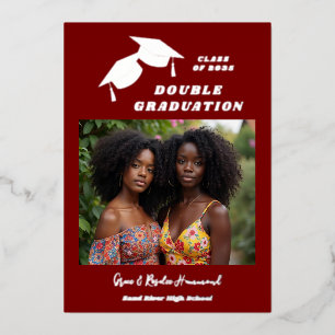 Silver Two Brothers Double Graduation Dark Red Foil Invitation