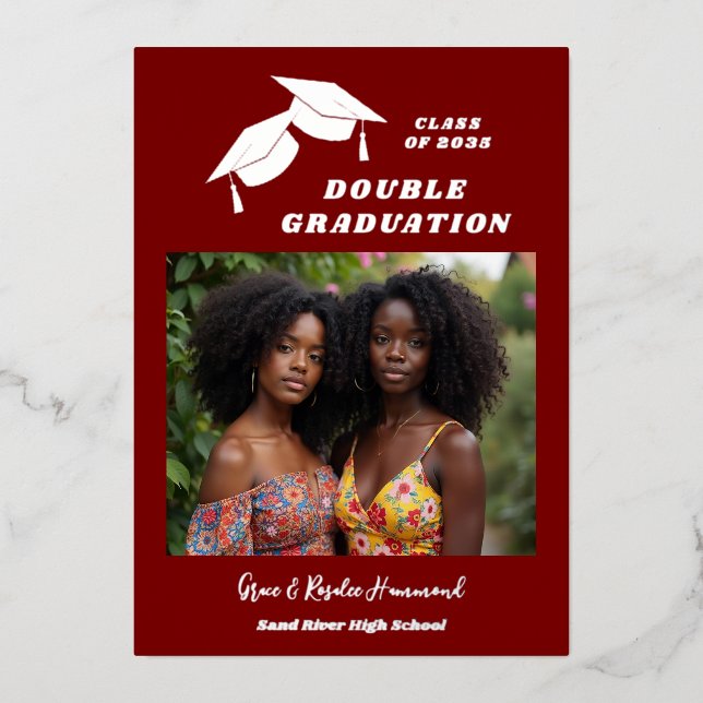 Silver Two Brothers Double Graduation Dark Red Foil Invitation (Front)