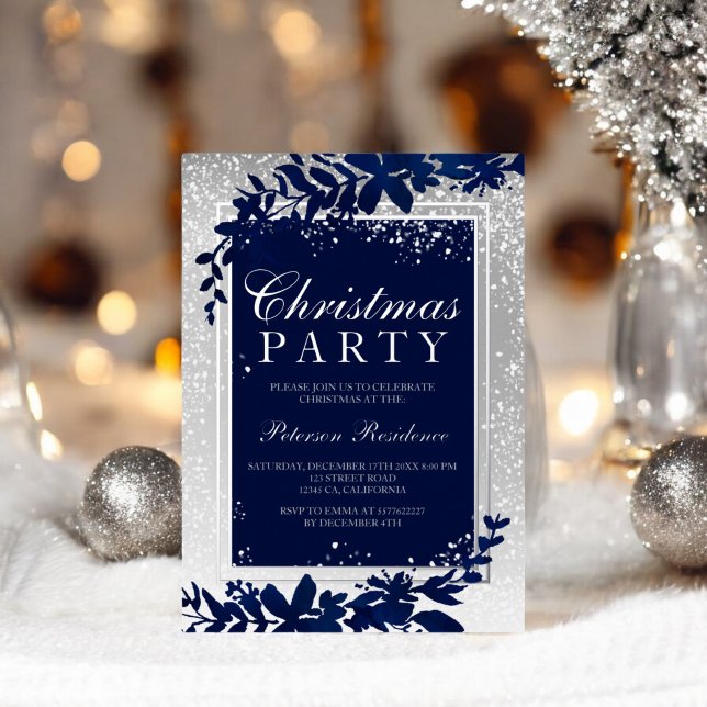 silver typography blue leaf snow elegant Christmas Foil Invitation (silver typography blue leaf snow elegant Christmas Foil Invitation)
