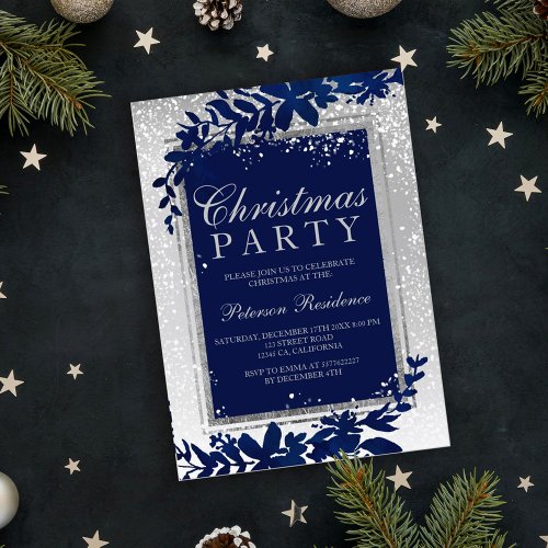 silver typography blue leaf snow elegant Christmas Invitation