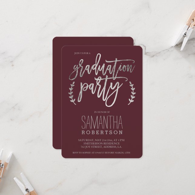 Silver typography burgundy graduation party invitation (Front/Back In Situ)