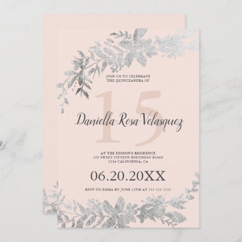 Silver typography Floral blush pink quinceanera Invitation