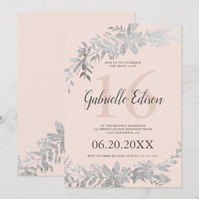 Silver typography Floral blush pink Sweet 16 Invitation (Front/Back)
