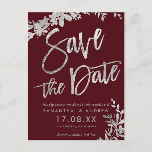 Silver typography floral burgundy save the date announcement postcard