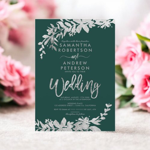 Silver typography floral green chic wedding invitation