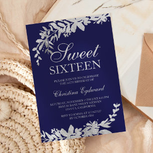 Silver typography floral navy blue chic Sweet 16 Invitation