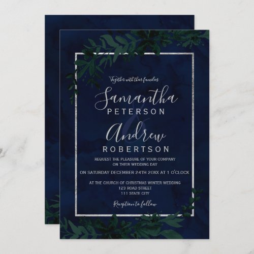 Silver typography Floral navy blue leaf wedding Invitation