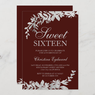 Silver typography floral red burgundy Sweet 16 Invitation