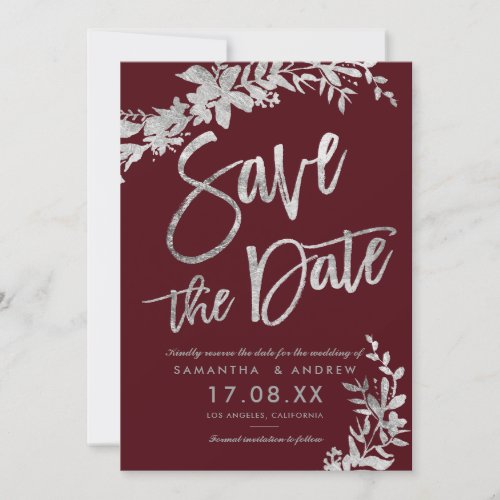 SIlver typography floral red save the date