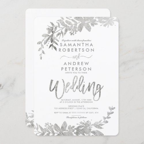 SIlver typography floral white chic wedding Invitation