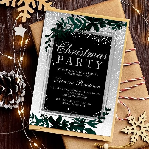 Silver typography leaf snow elegant chic Christmas Invitation