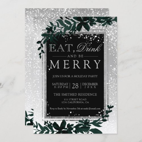 Silver typography leaf snow elegant eat Christmas Invitation