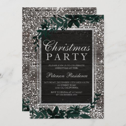 Silver typography leaf snow wood Christmas Invitation