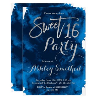 Silver typography navy blue watercolor Sweet 16 Invitation