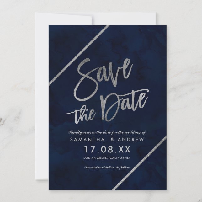 Silver typography navy watercolor save the date (Front)
