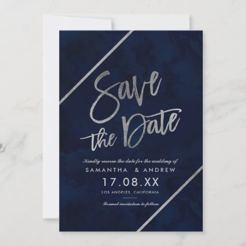 Silver typography navy watercolor save the date