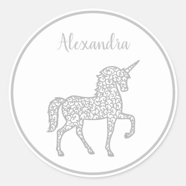 Silver Unicorn birthday party Own name Classic Round Sticker (Front)