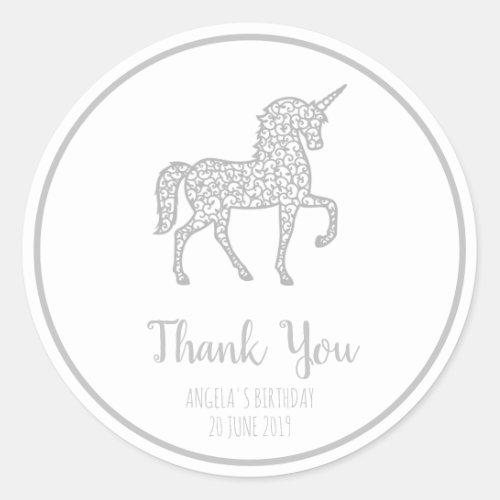 Silver Unicorn birthday party Thank You Own text Classic Round Sticker