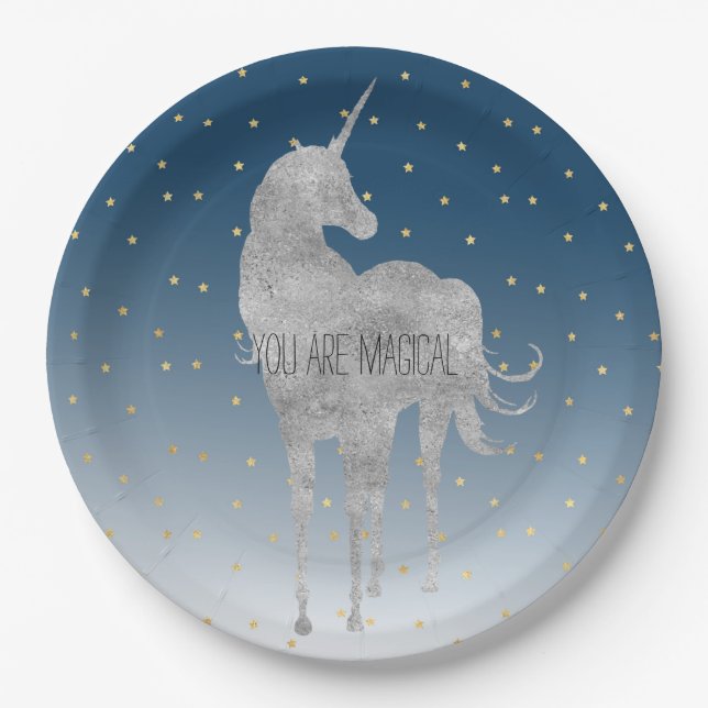 Silver Unicorn Gold Stars Paper Plates (Front)