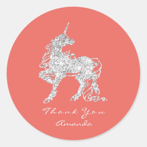 Silver Unicorn Horse Stars Thank You White Coral Classic Round Sticker