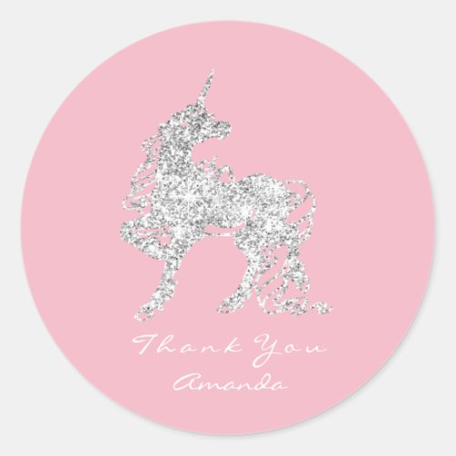 Silver Unicorn Horse Stars Thank You White Pink Classic Round Sticker