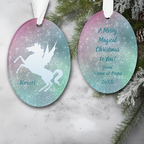 Silver Unicorn on Holiday Sparkle Personalized Ornament