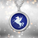 Silver Unicorn on Royal Blue Silver Plated Necklace<br><div class="desc">This pretty necklace has a deep royal blue background that seems to almost glow. At the center is a shiny silver rearing unicorn image. Magical! Be sure to see the matching earrings in our store.</div>