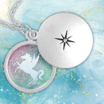 Silver Unicorn on Sparkle Locket Necklace<br><div class="desc">This pretty necklace has a glittery cranberry pink ,  teal and green background. At the center is a shiny silver rearing unicorn image. Magical! Be sure to see the matching earrings in our store.</div>