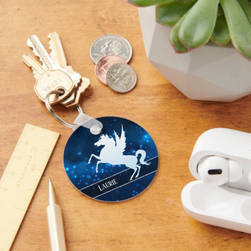 Silver Unicorn on Sparkly Blue Monogram Keychain