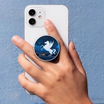 Silver Unicorn On Sparkly Blue Monogram Popsocket by Westerngirl2 at Zazzle