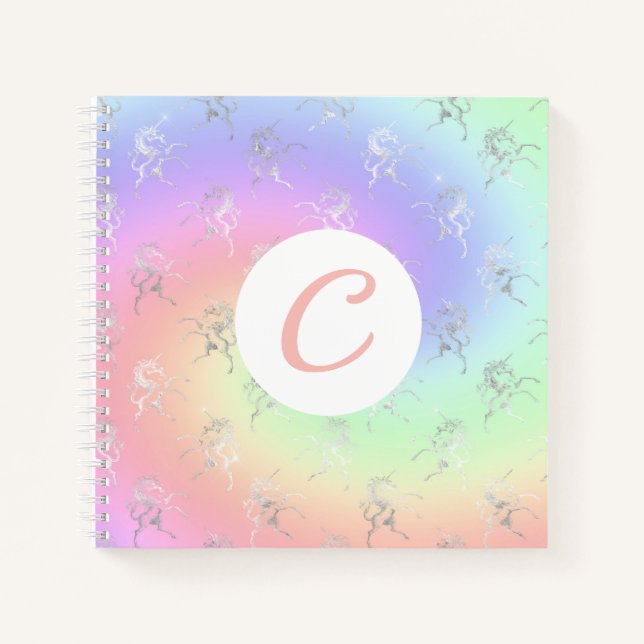 Silver Unicorn Pastel Ombre Initial  Sketchbook Notebook (Front)