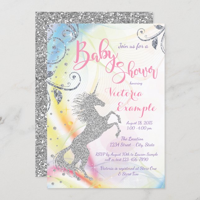 Silver Unicorn Rainbow Baby Shower Invitations (Front/Back)