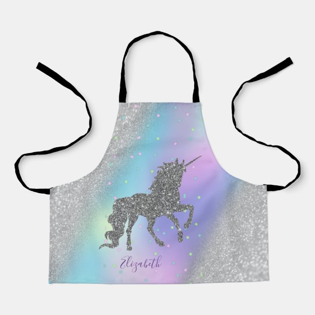 Silver Unicorn, Stars,Silver Bokeh Holographic Apron (Front)