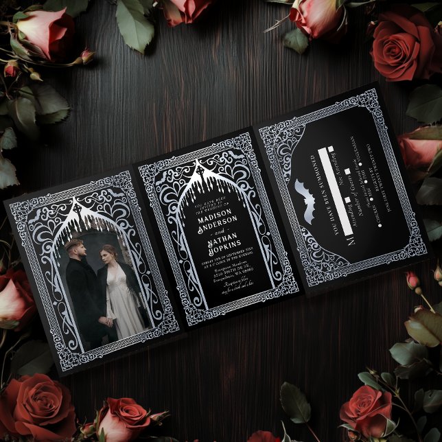 Silver Vampire Cathedral GothicWedding Tri-Fold Invitation (Creator Uploaded)