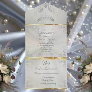 Silver Vintage Border Quinceanera - Green All In One Invitation