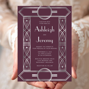 Silver Vintage Deco Frame Burgundy Wedding Invitation