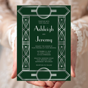 Silver Vintage Deco Frame Emerald Green Wedding Invitation
