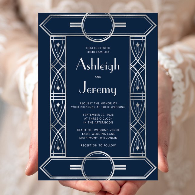 Silver Vintage Deco Frame Navy Blue Wedding Invitation (Creator Uploaded)