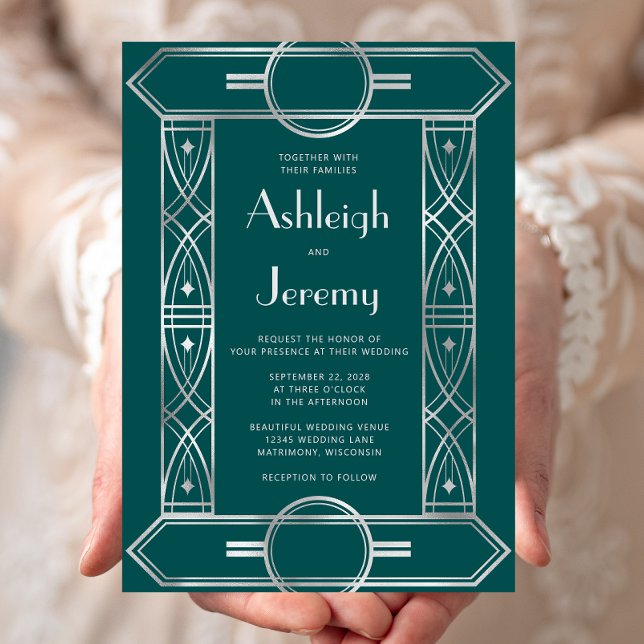 Silver Vintage Deco Frame Teal Wedding Invitation (Creator Uploaded)