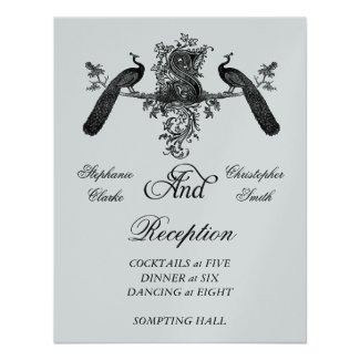 Vintage Peacock Wedding Invitations | Gray Black Monogram