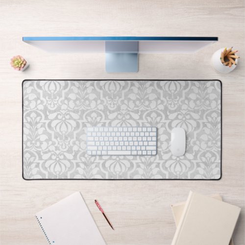 Silver Vintage Victorian Damask Seamless Pattern Desk Mat