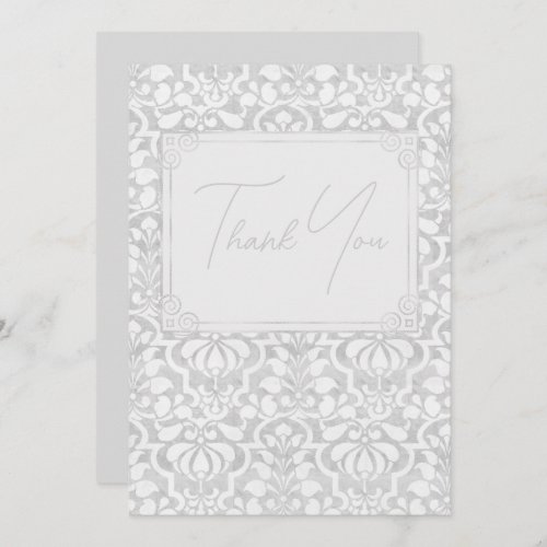 Silver Vintage Victorian Damask With Foil Border Thank You Card