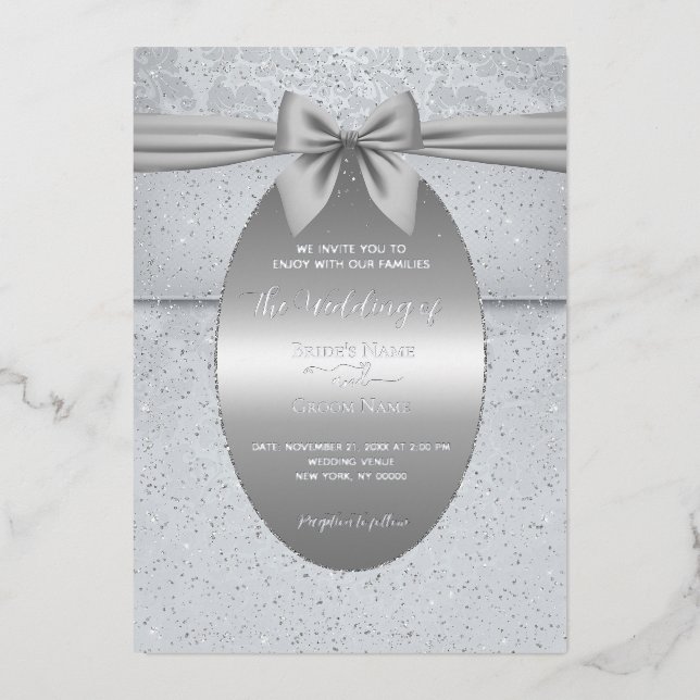 Silver Vintage with Bow Wedding Invitation Foil Invitation (Front)