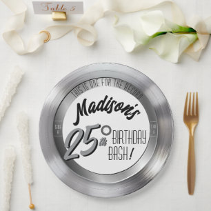 Silver Vinyl Record 25th Birthday Party Decor Paper Plates